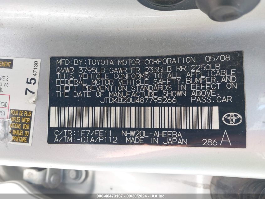 2008 Toyota Prius VIN: JTDKB20U487795266 Lot: 40473167