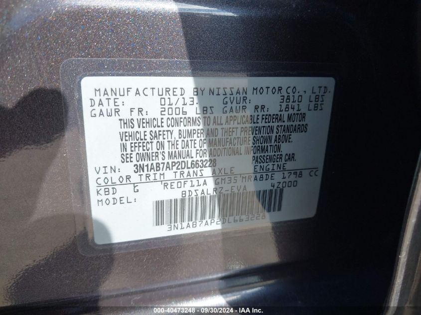 2013 Nissan Sentra Sr VIN: 3N1AB7AP2DL663228 Lot: 40473248