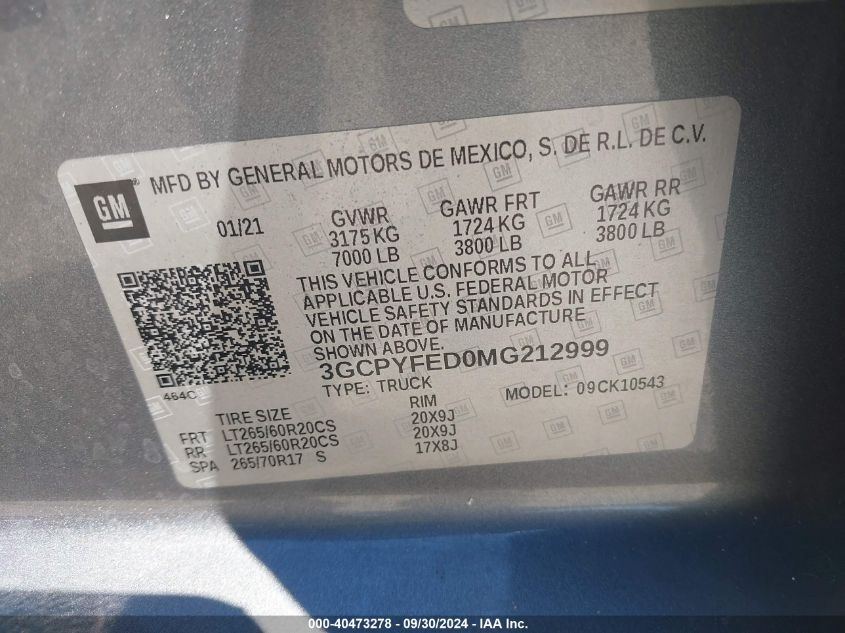 3GCPYFED0MG212999 2021 Chevrolet Silverado 1500