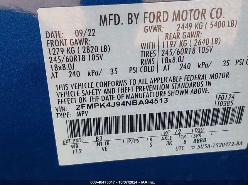 2022 Ford Edge Sel VIN: 2FMPK4J94NBA94513 Lot: 40473317