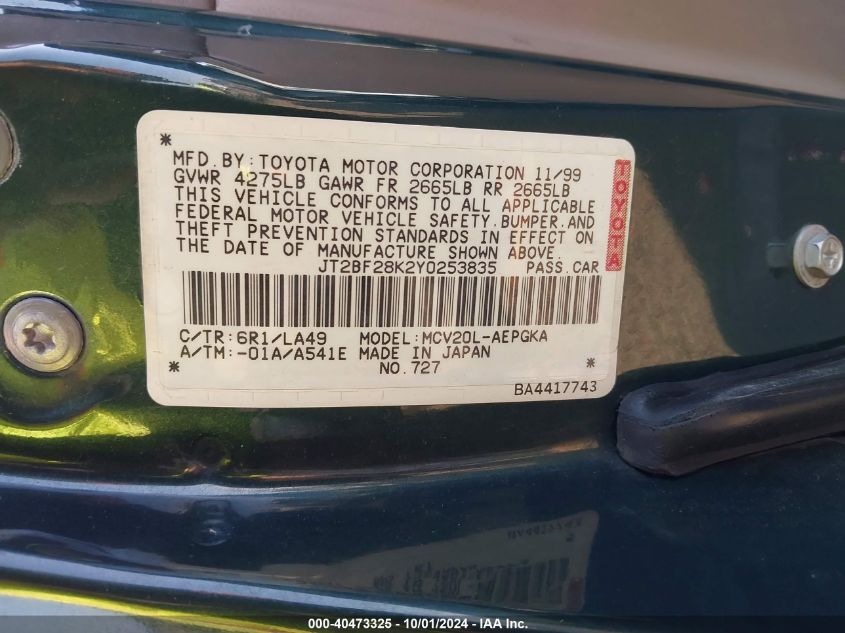 JT2BF28K2Y0253835 2000 Toyota Camry Xle V6