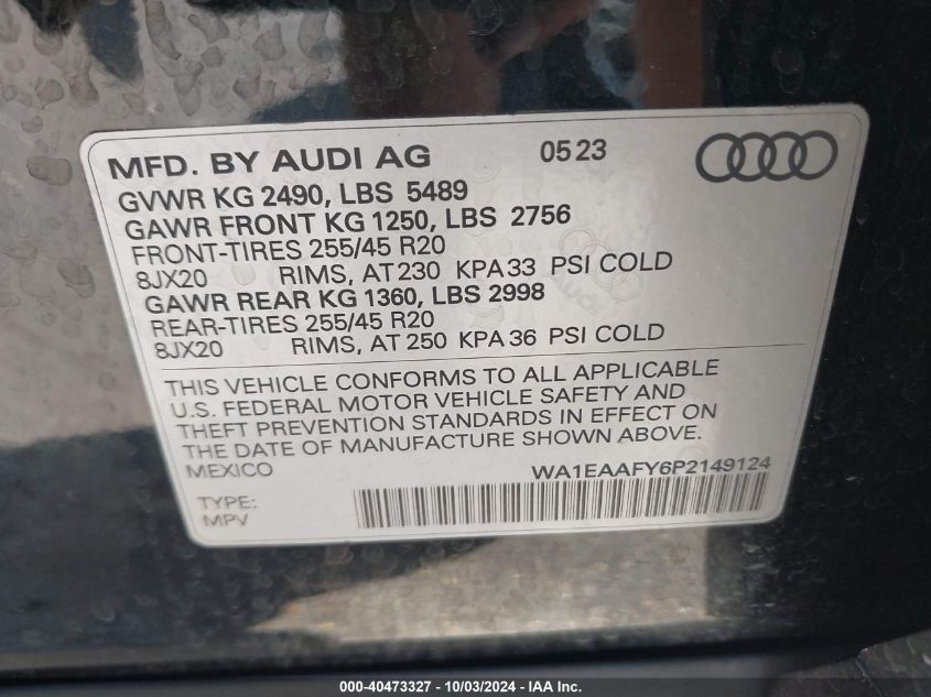 2023 Audi Q5 Premium Plus 45 Tfsi S Line Quattro VIN: WA1EAAFY6P2149124 Lot: 40473327