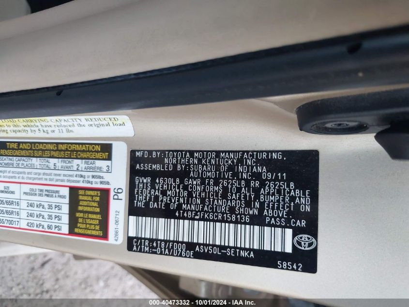 4T4BF1FK6CR158136 2012 Toyota Camry Se/Le/Xle