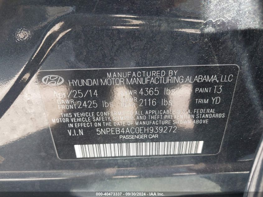 5NPEB4AC0EH939272 2014 Hyundai Sonata Gls