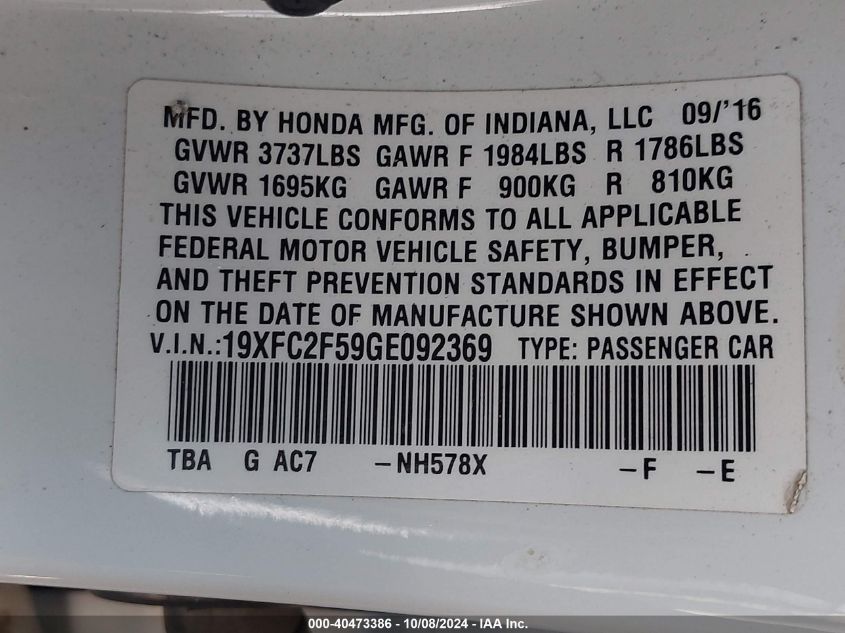 19XFC2F59GE092369 2016 Honda Civic Lx