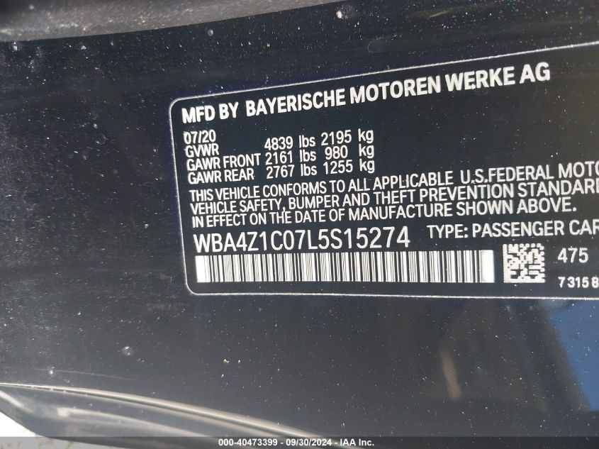 2020 BMW 430I VIN: WBA4Z1C07L5S15274 Lot: 40473399