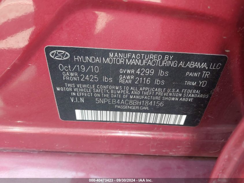 5NPEB4AC8BH184156 2011 Hyundai Sonata Gls