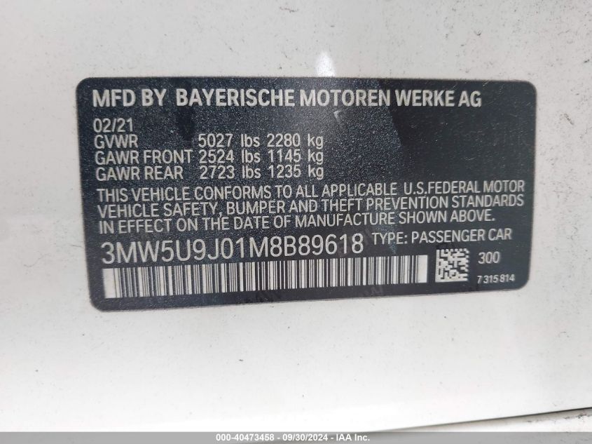 2021 BMW M340Xi VIN: X3MW5U9J01MB89618 Lot: 40473458