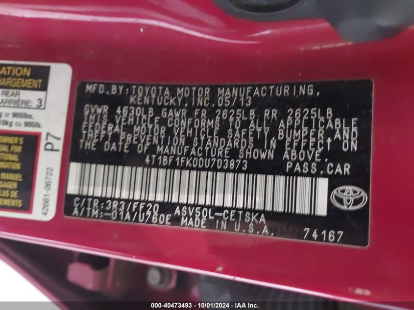 4T1BF1FK0DU703873 2013 Toyota Camry Se