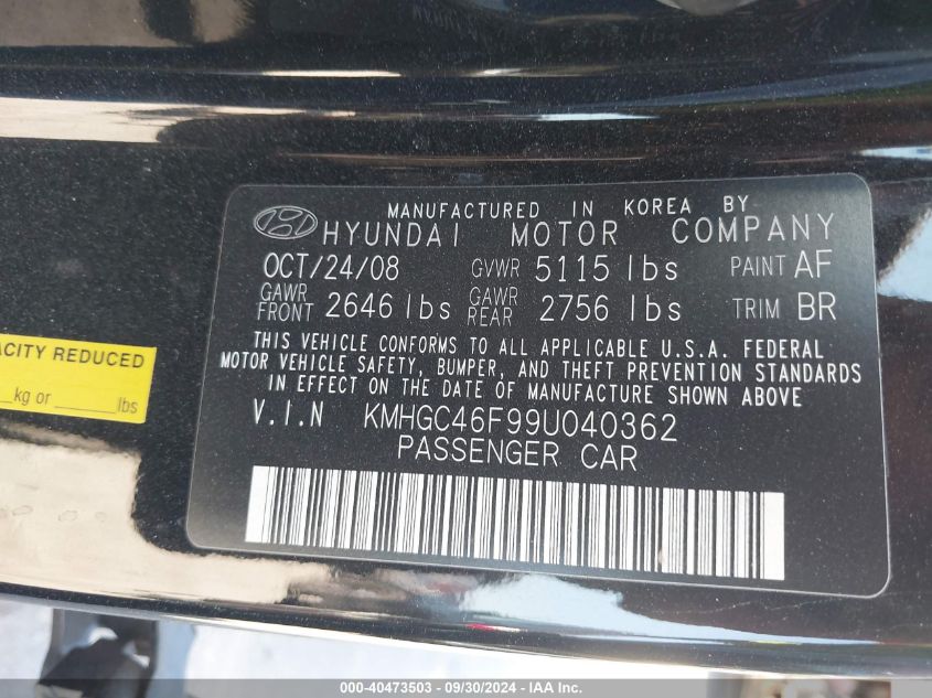 KMHGC46F99U040362 2009 Hyundai Genesis 4.6