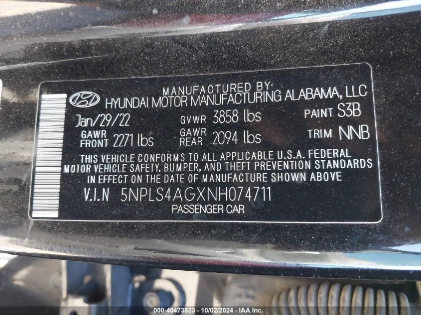 2022 Hyundai Elantra Sel VIN: 5NPLS4AGXNH074711 Lot: 40473523