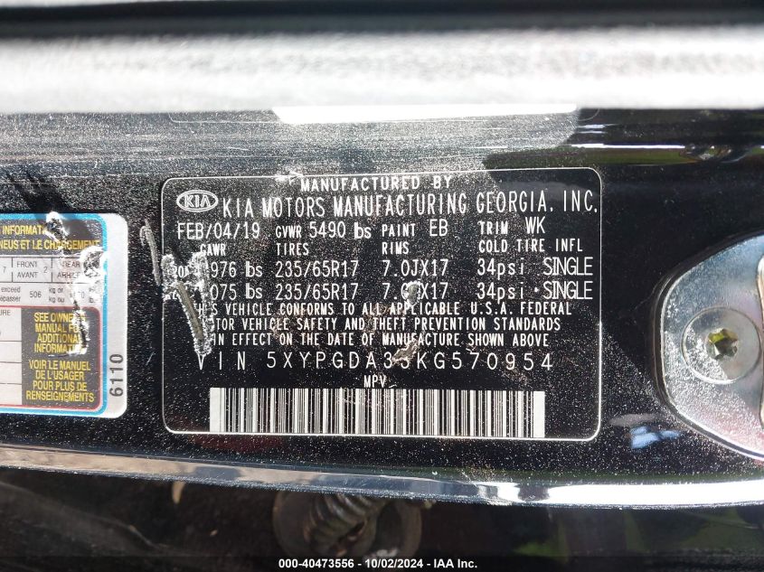 5XYPGDA33KG570954 2019 Kia Sorento 2.4L Lx