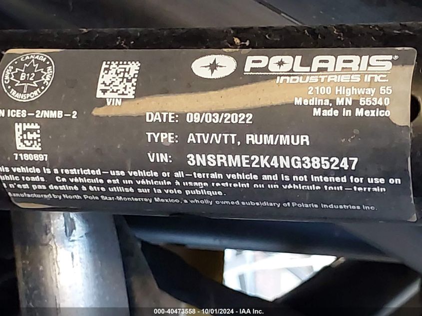 2022 Polaris Rzr Pro R 4 Sport VIN: 3NSRME2K4NG385247 Lot: 40473558