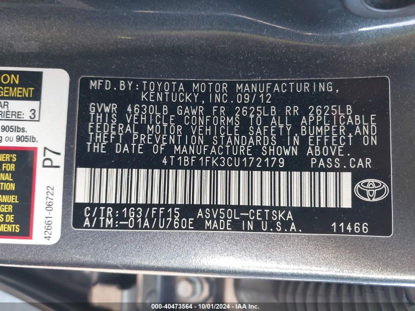 4T1BF1FK3CU172179 2012 Toyota Camry Se/Le/Xle