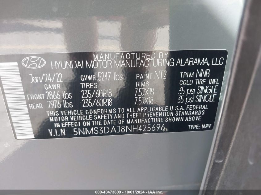 2022 Hyundai Santa Fe Sel VIN: 5NMS3DAJ8NH425696 Lot: 40473609