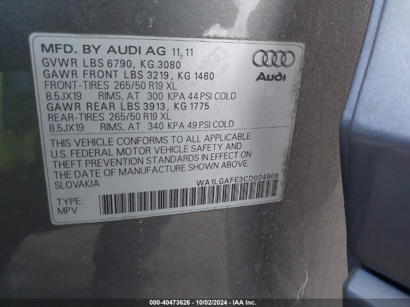 2012 Audi Q7 3.0T Premium VIN: WA1LGAFE3CD004908 Lot: 40473626