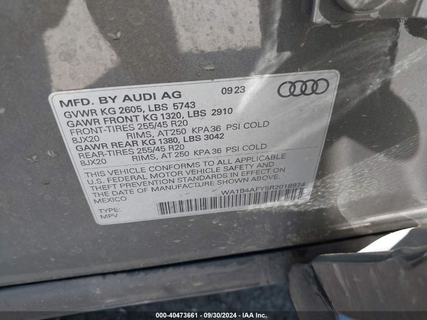 2024 Audi Sq5 Premium Plus Tfsi Quattro Tiptronic VIN: WA1B4AFY5R2018974 Lot: 40473661