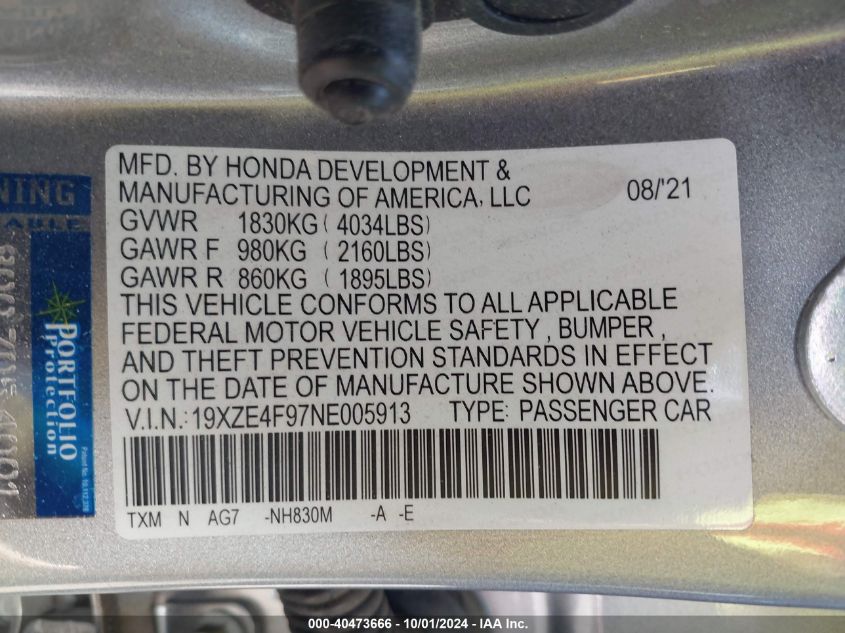 2022 Honda Insight Touring VIN: 19XZE4F97NE005913 Lot: 40473666