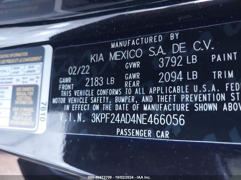 3KPF24AD4NE466056 2022 Kia Forte Lxs