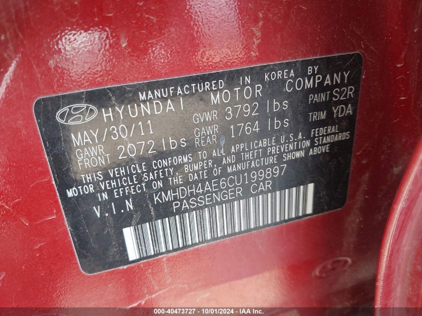 2012 Hyundai Elantra Gls (Ulsan Plant) VIN: KMHDH4AE6CU199897 Lot: 40473727