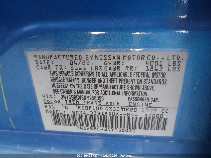 2022 Nissan Sentra Sv Xtronic Cvt VIN: 3N1AB8CV3NY258050 Lot: 40473737