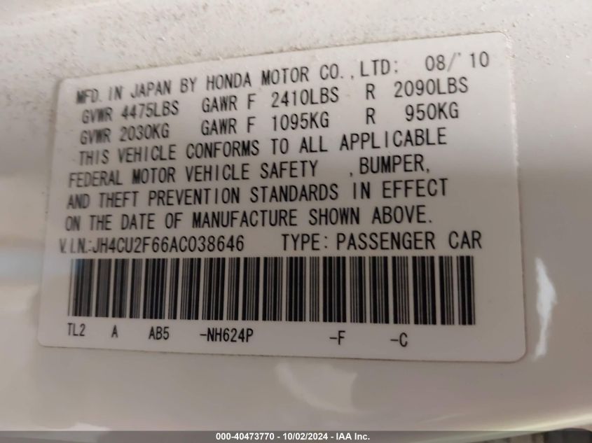 JH4CU2F66AC038646 2010 Acura Tsx 2.4