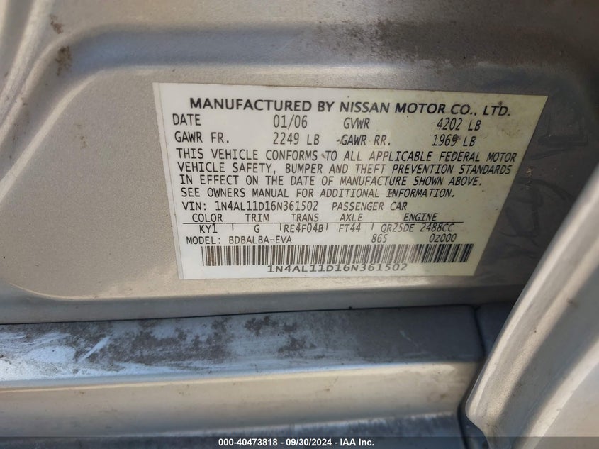 1N4AL11D16N361502 2006 Nissan Altima 2.5 S