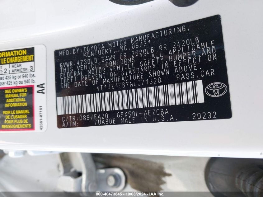 VIN 4T1JZ1FB7NU071328 2022 TOYOTA AVALON XLE