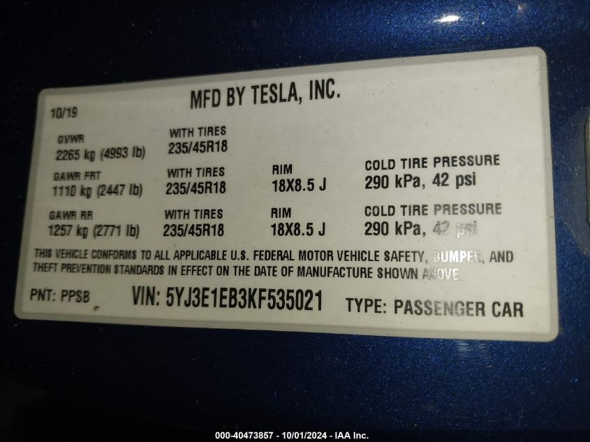 5YJ3E1EB3KF535021 2019 Tesla Model 3 Long Range/Performance