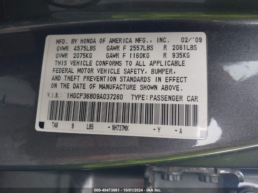 1HGCP36809A037260 2009 Honda Accord Exl