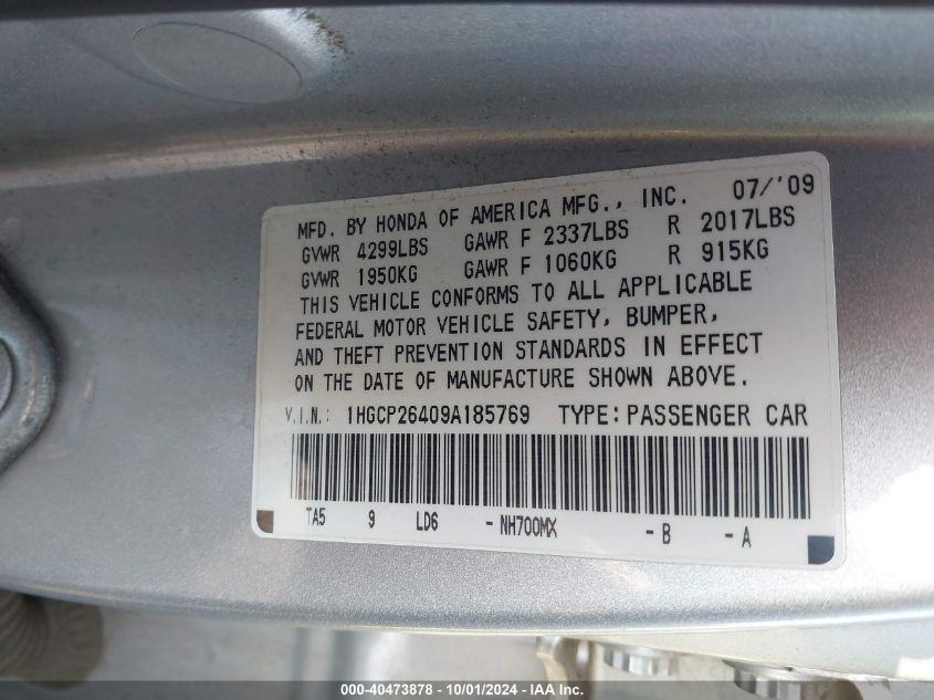 1HGCP26409A185769 2009 Honda Accord 2.4 Lx-P