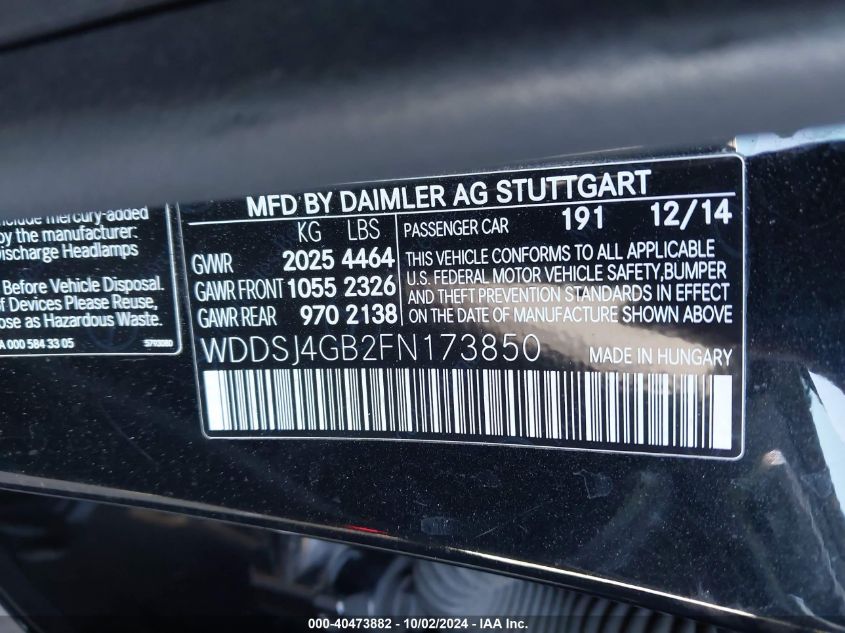 WDDSJ4GB2FN173850 2015 Mercedes-Benz Cla 250 4Matic