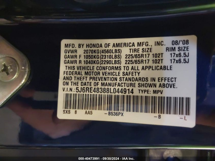 2008 Honda Cr-V Lx VIN: 5J6RE48388L044914 Lot: 40473991