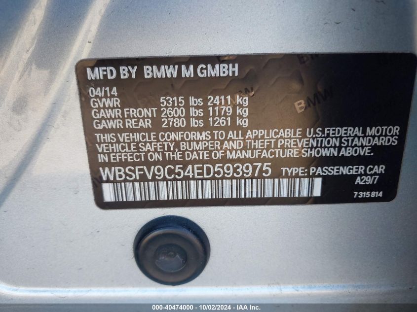 2014 BMW M5 VIN: WBSFV9C54ED593975 Lot: 40474000