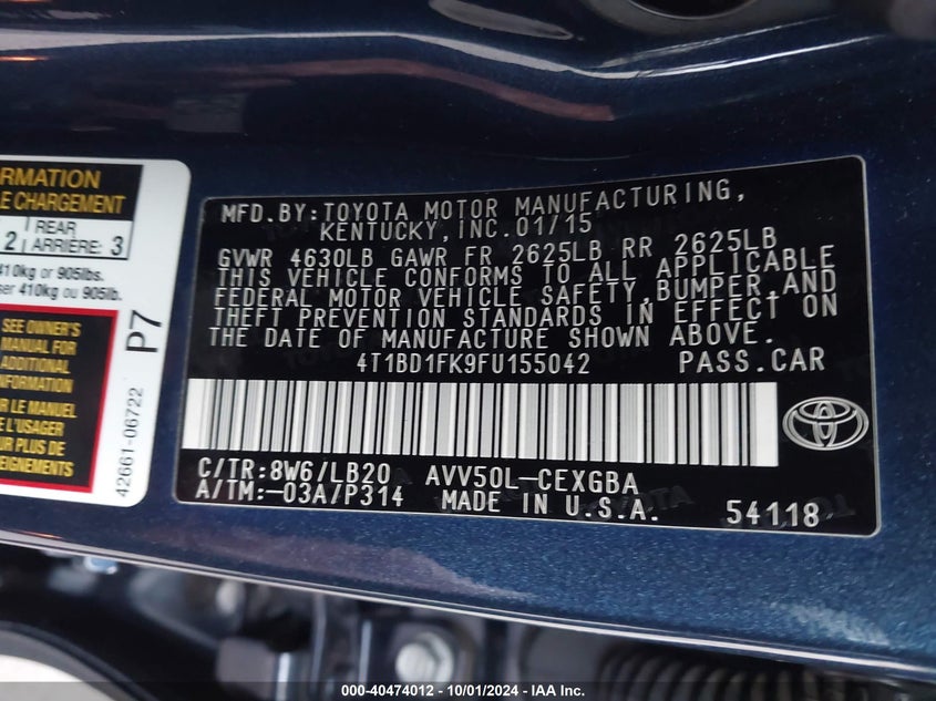 4T1BD1FK9FU155042 2015 Toyota Camry Hybrid/Le/Xle/Se