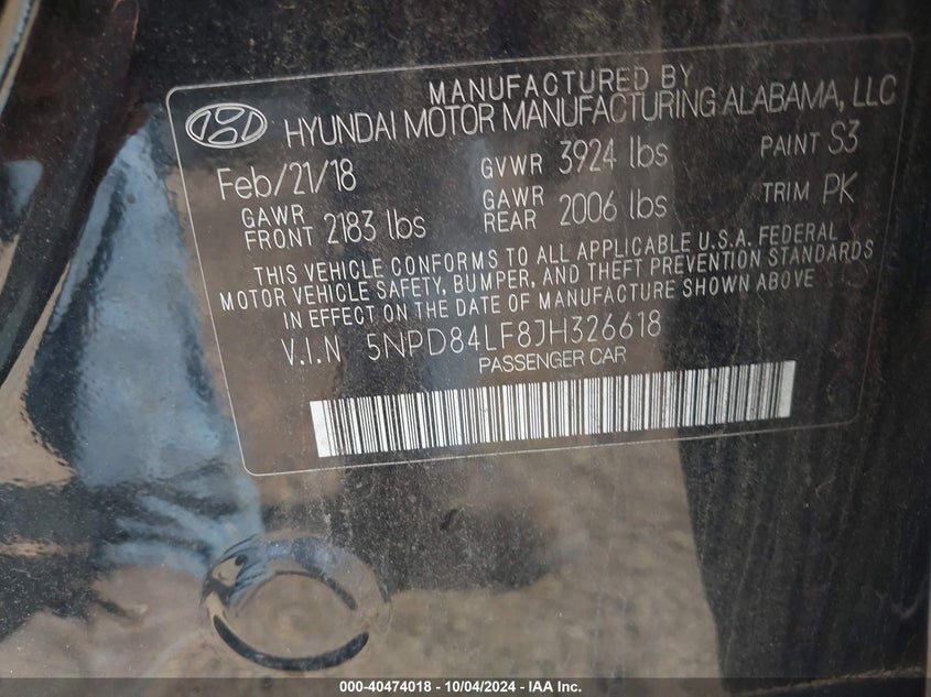 5NPD84LF8JH326618 2018 Hyundai Elantra Sel