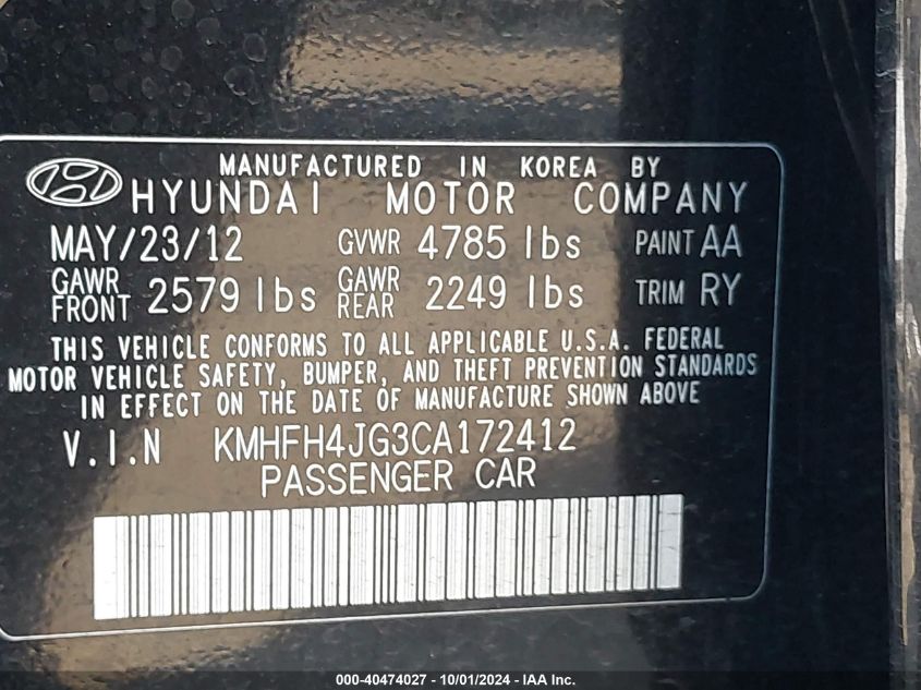 KMHFH4JG3CA172412 2012 Hyundai Azera Gls/Limited