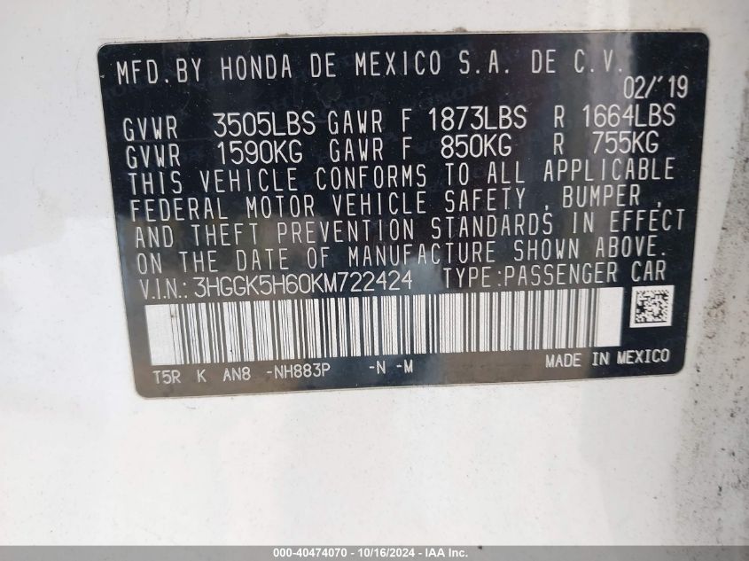 2019 Honda Fit Sport VIN: 3HGGK5H60KM722424 Lot: 40474070