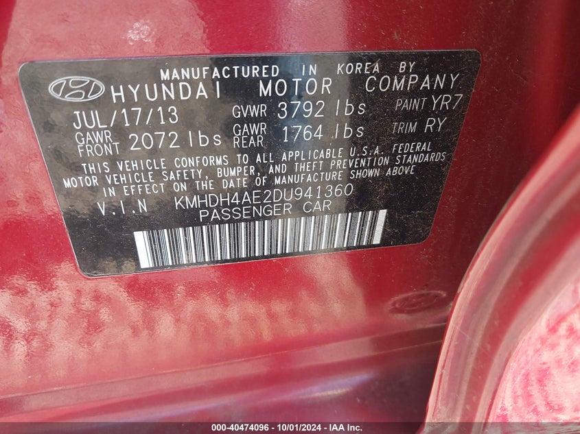 2013 HYUNDAI ELANTRA VIN: KMHDH4AE2DU941360