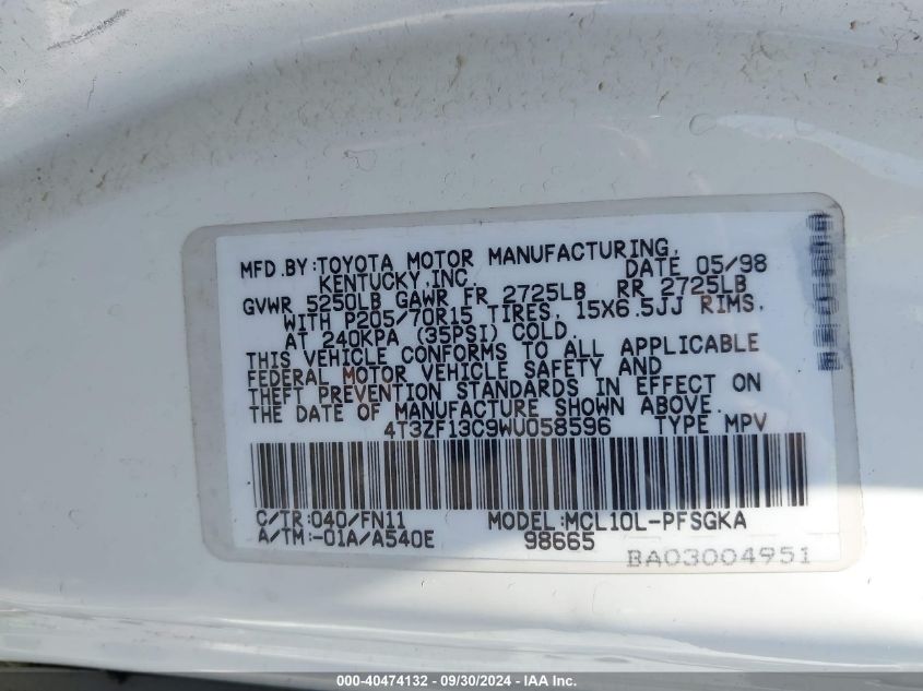 4T3ZF13C9WU058596 1998 Toyota Sienna Le