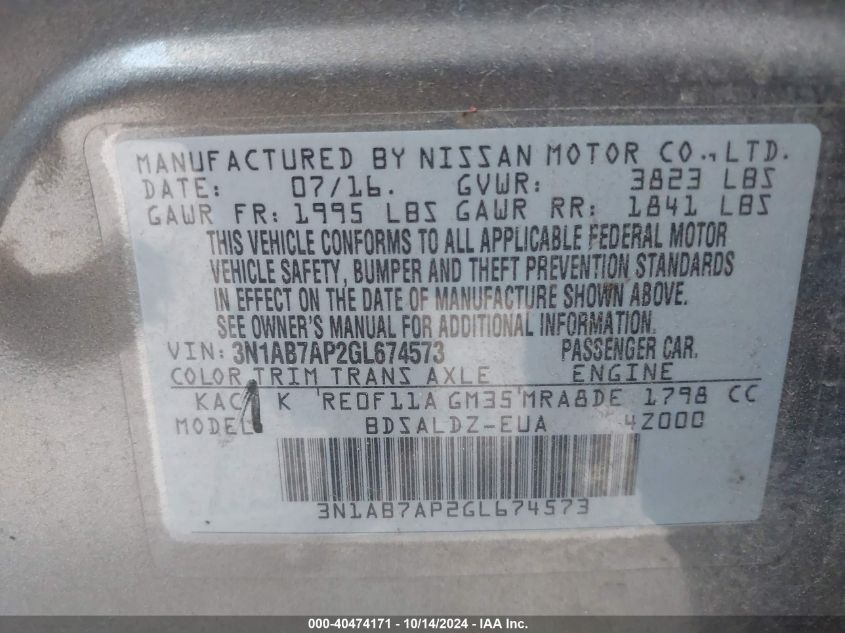 VIN 3N1AB7AP2GL674573 2016 Nissan Sentra, SV no.9