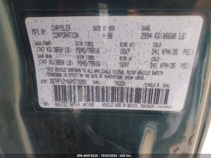 3B7HF12Y0WM273293 1998 Dodge Ram 1500 St