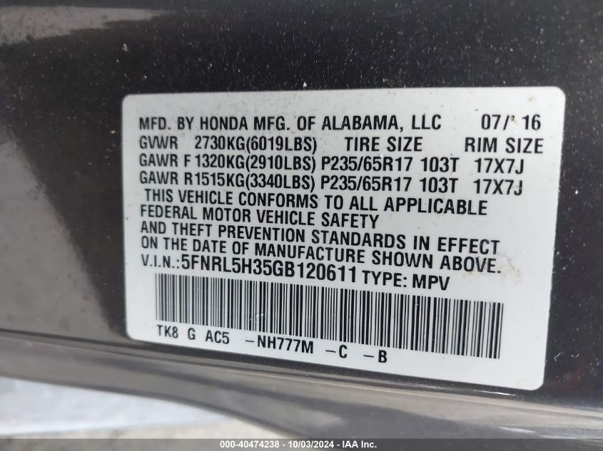 2016 Honda Odyssey Se VIN: 5FNRL5H35GB120611 Lot: 40474238