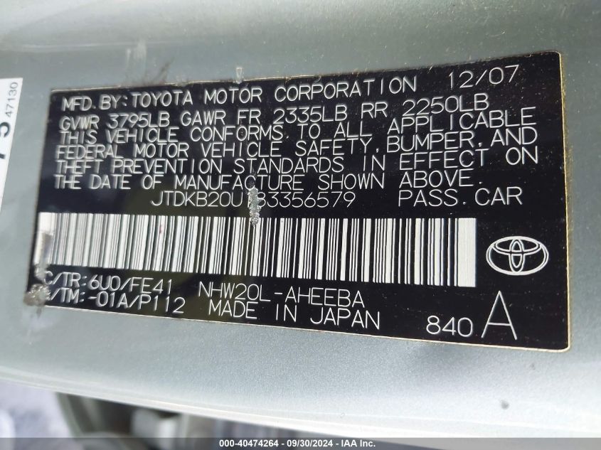 2008 Toyota Prius VIN: JTDKB20U183356579 Lot: 40474264