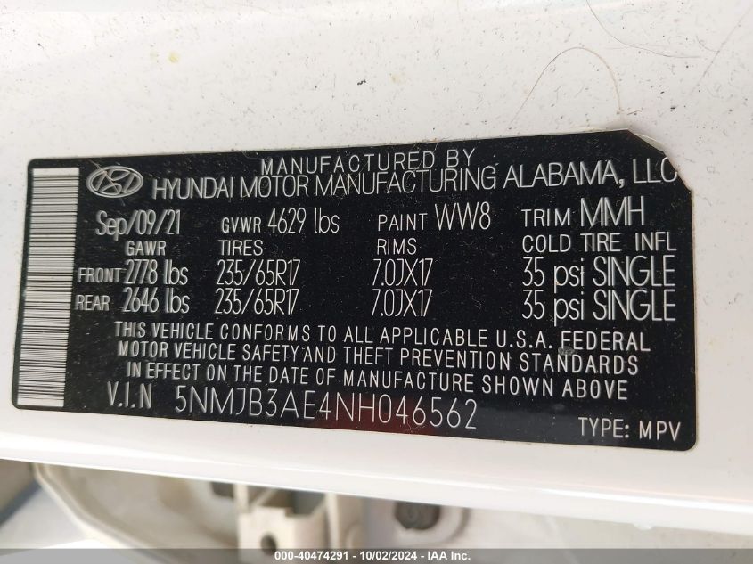 5NMJB3AE4NH046562 2022 Hyundai Tucson Sel