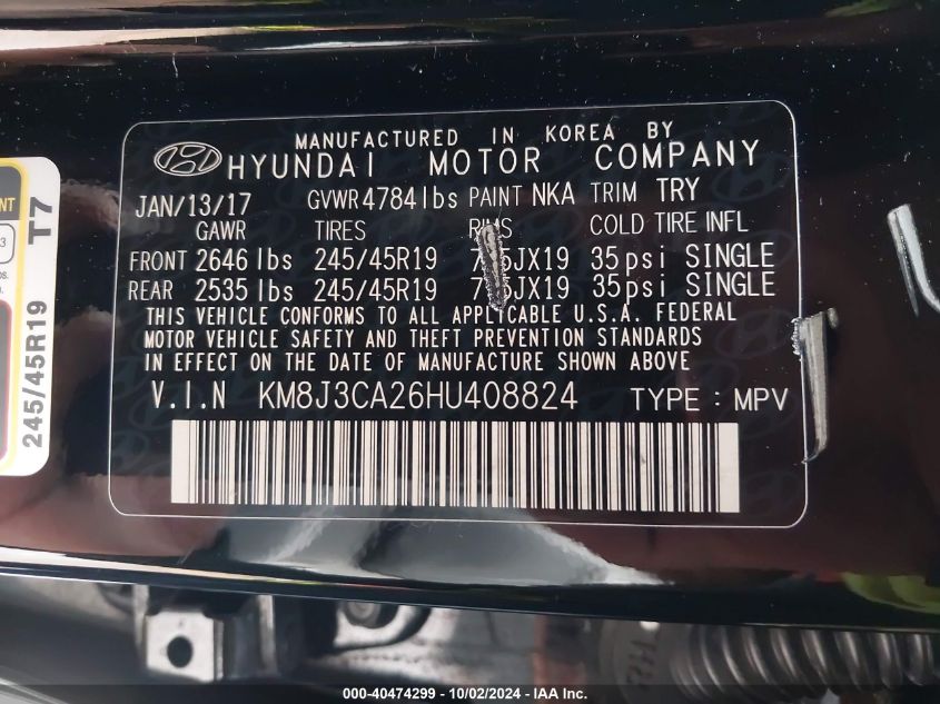 KM8J3CA26HU408824 2017 Hyundai Tucson Sport