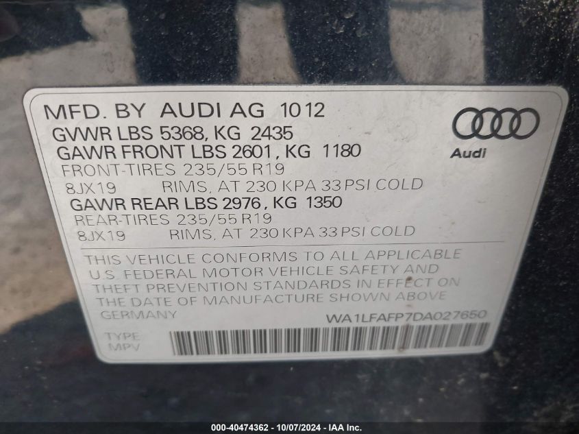 2013 Audi Q5 2.0T Premium VIN: WA1LFAFP7DA027650 Lot: 40474362