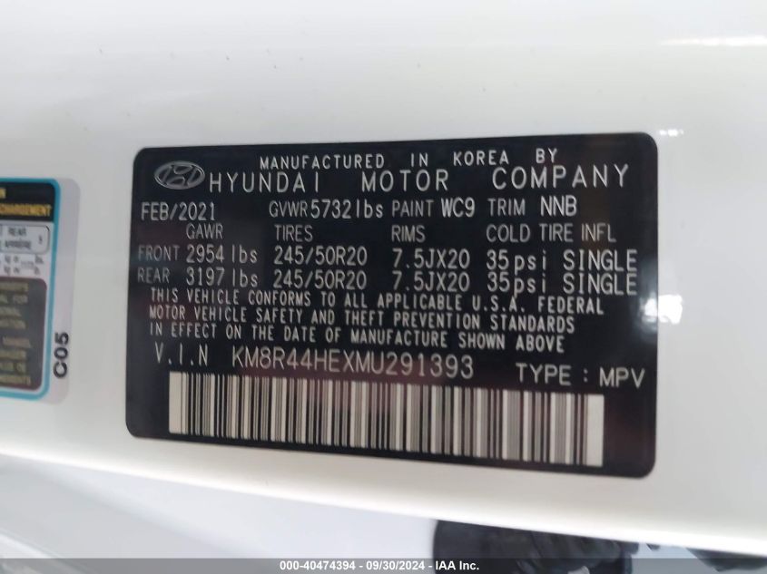 2021 Hyundai Palisade Sel VIN: KM8R44HEXMU291393 Lot: 40474394