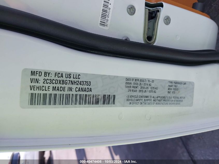 2C3CDXBG7NH243753 2022 Dodge Charger Sxt Rwd