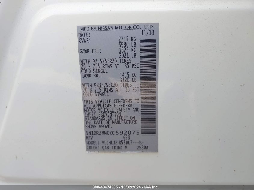 5N1DR2MM0KC592075 2019 Nissan Pathfinder Platinum